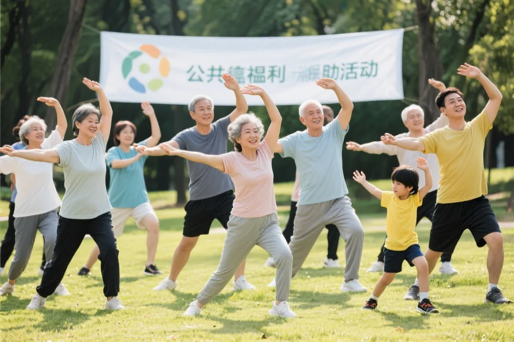 不同年龄段的人们在户外社区健身活动中积极锻炼